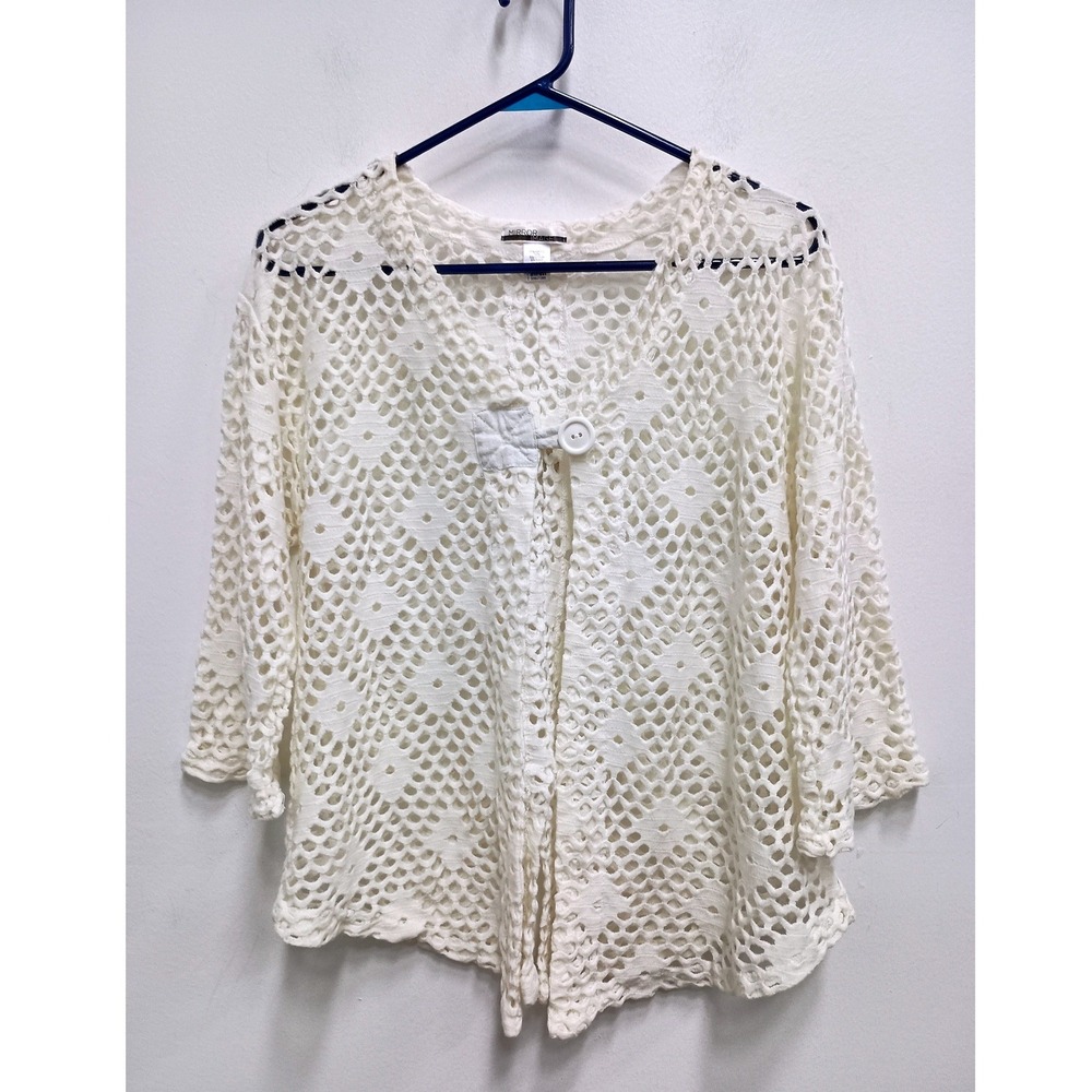 Mirror Image Crochet Cardigan Womens XL White Open Weave 3/4 Sleeve BOHO Cottage